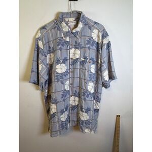 Boca Classics Mens Button Down Shirt 100% Silk Hibiscus Blue L